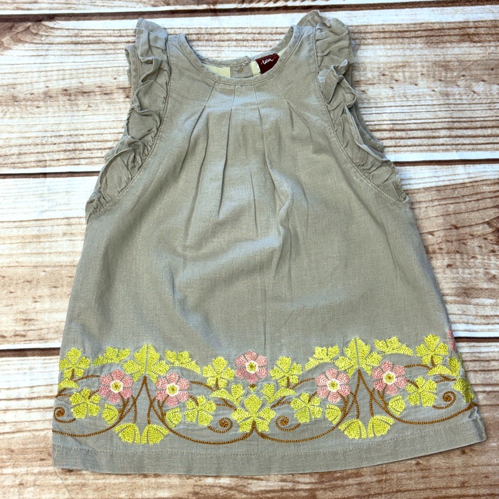 Tea Collection Linen Flutter Sleeve Dress with Embroidery - 12 - 18 months